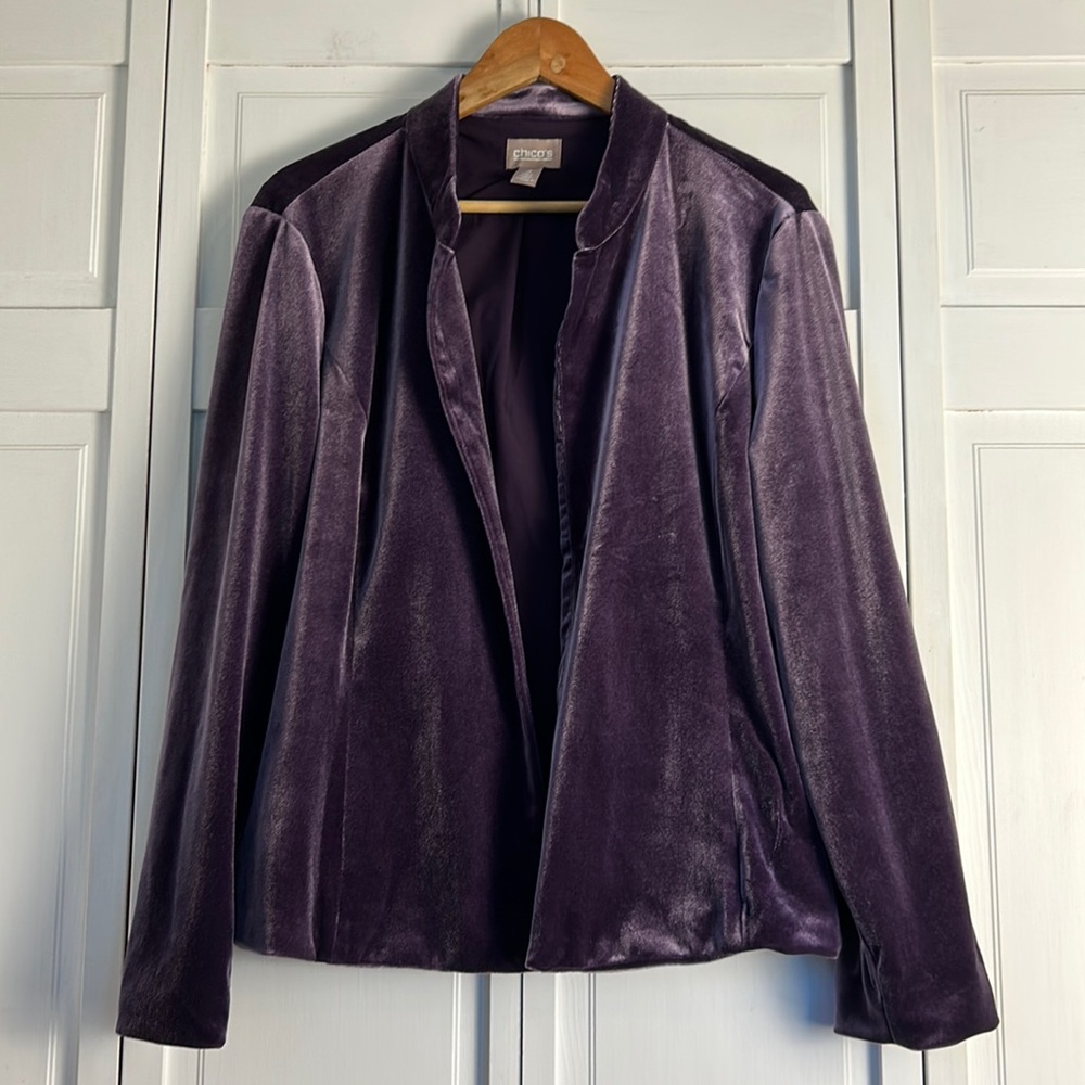 Chico’s Open Front Velour Velvet Blazer Top Lined Purple EUC Size 3
